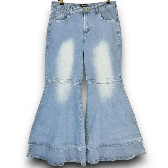 NEW XPlusWear Layered Bell Bottom Stretch Jeans High Waist 70s Style Size Large - Picture 2 of 11
